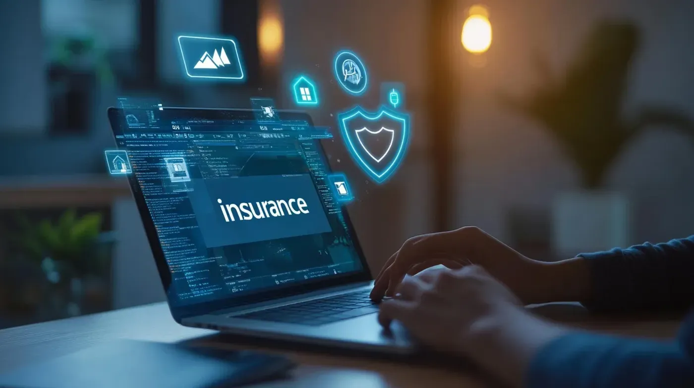 Hands typing on a laptop displaying the word “insurance” with floating digital security icons, symbolizing cyber insurance and data protection for online systems.