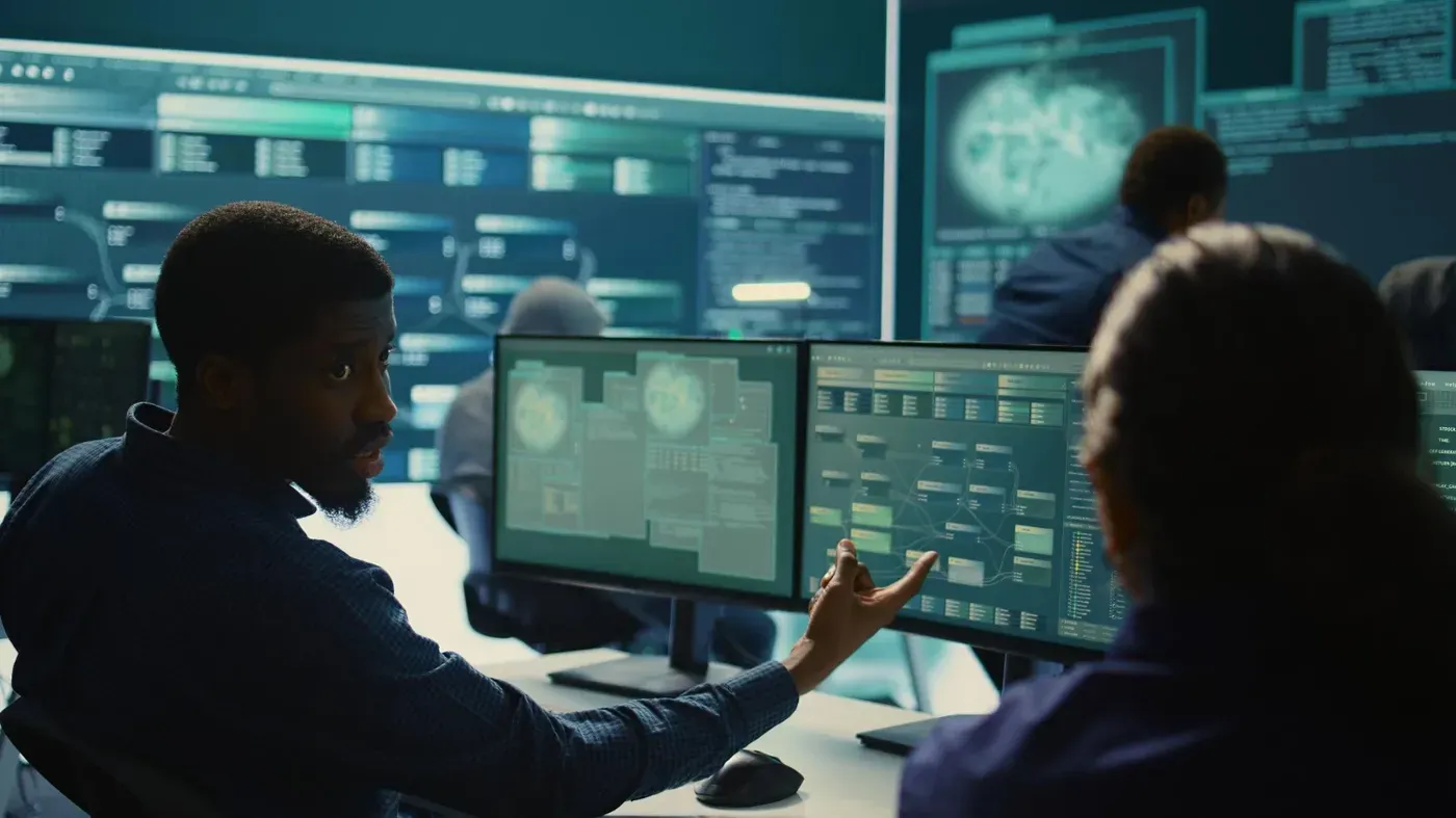 Two business professionals in a futuristic office discuss cyber security