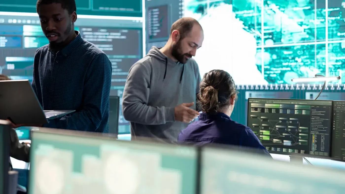 Three Cyber Security Workers all focusing on data thats presented on a screen