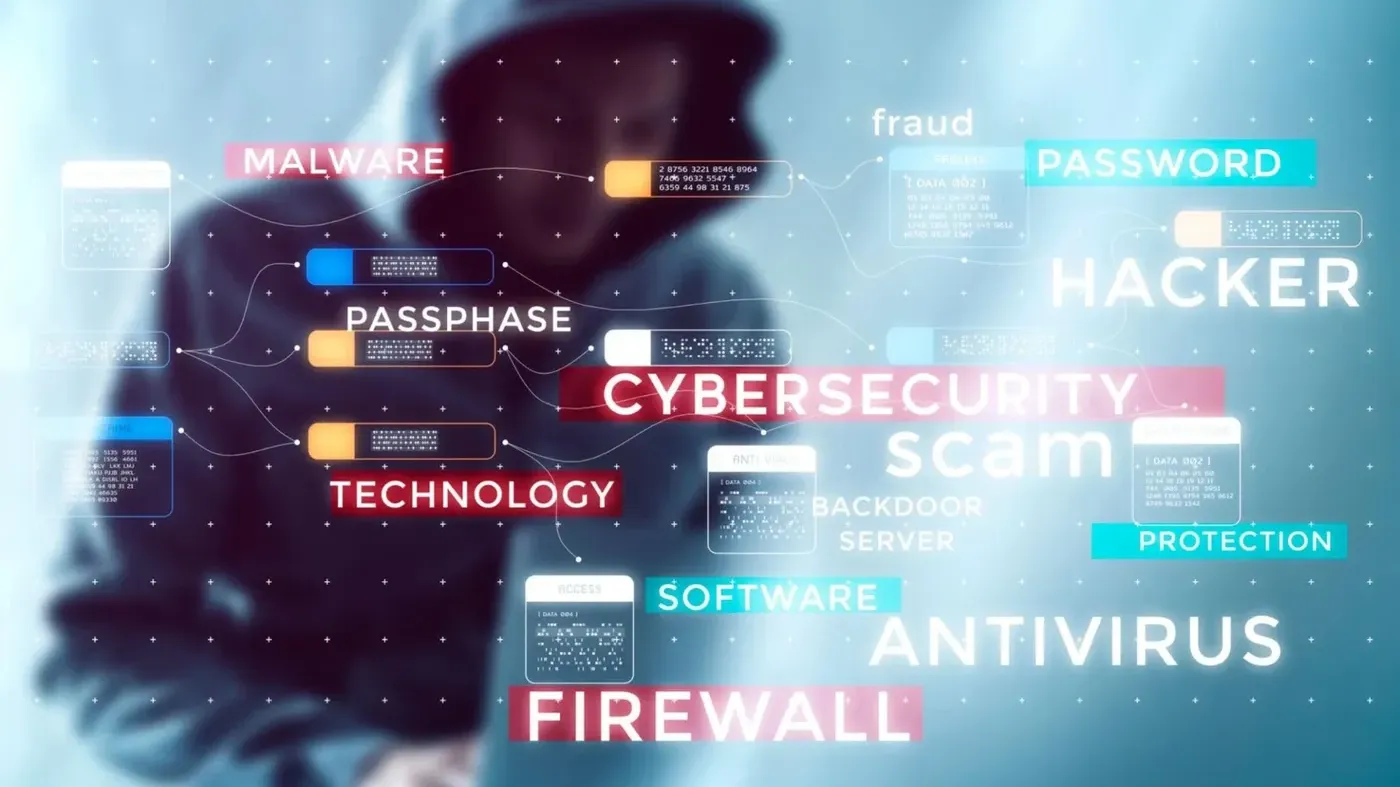 A hooded figure silhouette behind a digital overlay of cybersecurity keywords like Malware, Scam, Firewall, and Antivirus representing online threats.