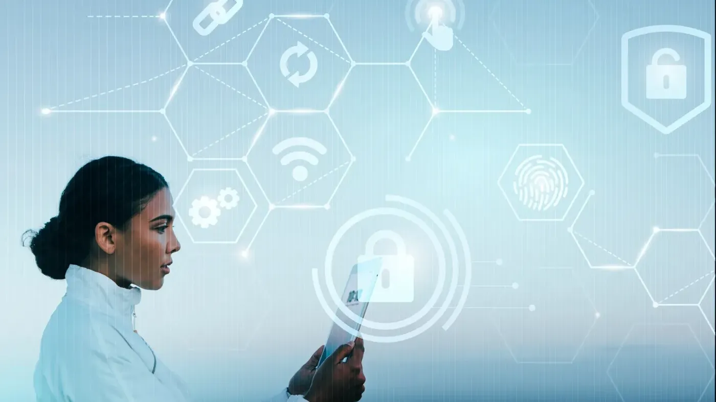 Side profile of a woman holding a tablet with a futuristic digital overlay featuring padlock, fingerprint, and Wi-Fi icons, representing biometric security and data protection.