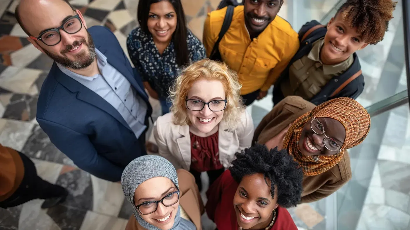 A low-angle "huddle" shot of seven diverse professionals standing in a circle, looking up at the camera and smiling to represent teamwork and empowerment.