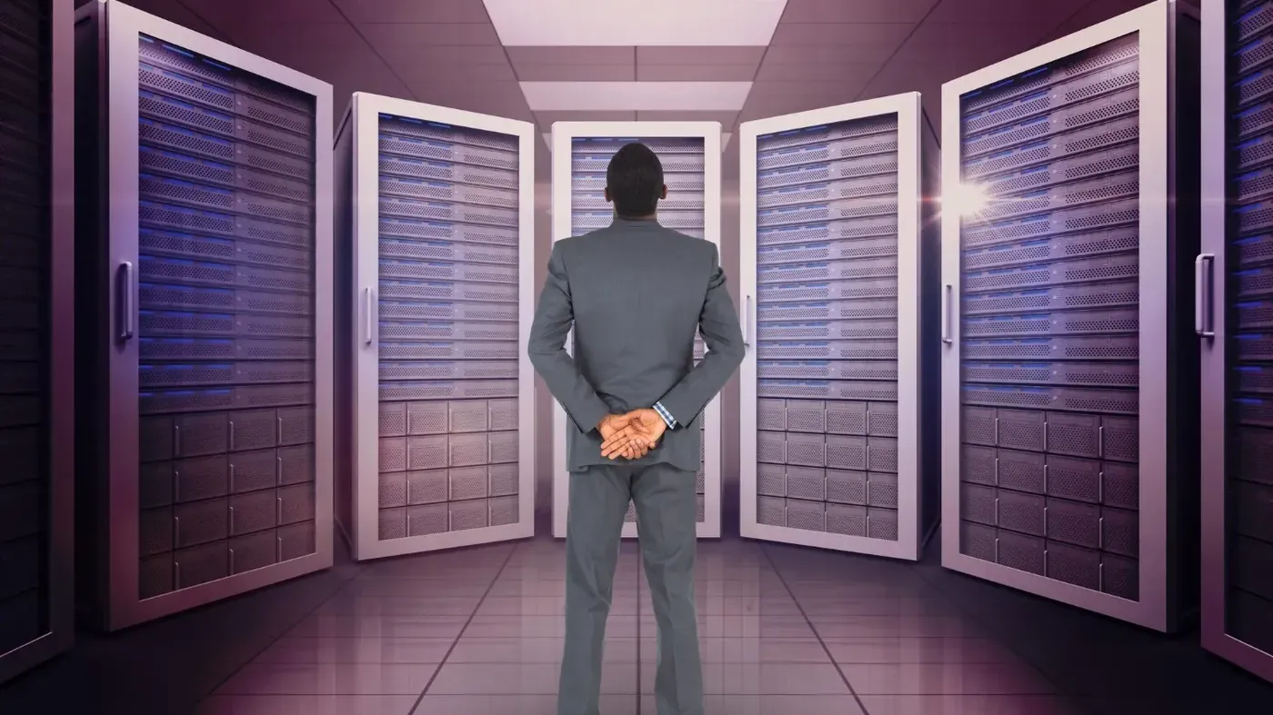 person standing in room with cyber security